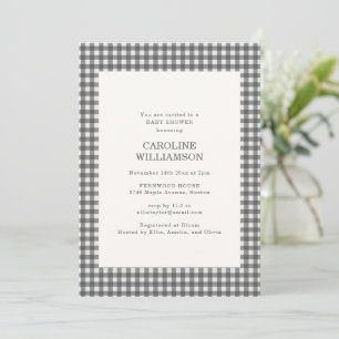 Grau-weiß kariertes Gingham-Karo-Herbst-Baby-Party Einladung