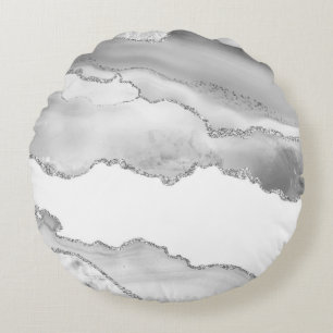 Grau Weiß Marmor Achat Silber Glitter Elegant Rundes Kissen
