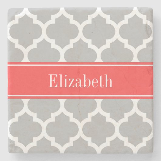 Grau-weiß-marokkanisch #5 Korallenrot-Monogramm Steinuntersetzer (Vorderseite)