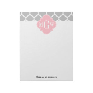 Grau weiß marokkanisch #5 Pink 3 Initial Monogram Notizblock