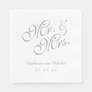 Grau Weiß Mr. und Mrs.   Hochzeitspapier Serviette