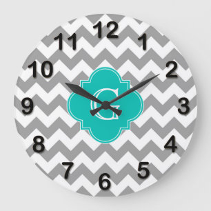 Grau Weiße Chevron ZigZag Türkis Quatrefoil Monogr Große Wanduhr