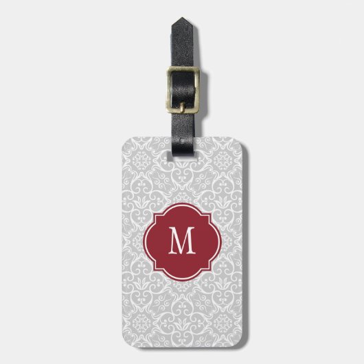 Grau-weiße Damask Monogram Gepäckmarke Gepäckanhänger (Vorderseite vertikal)
