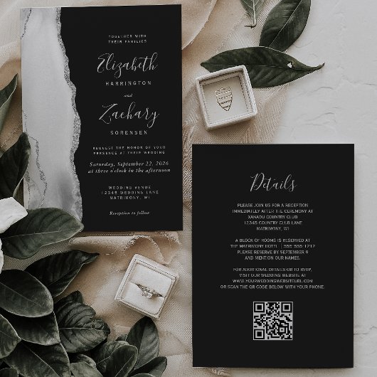Grau Weiße Silber Achat Schiefer QR Code Hochzeit Einladung