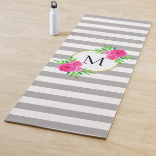 Grau-weiße Streifen Chic Hot-Pink Floral Monogram Yogamatte