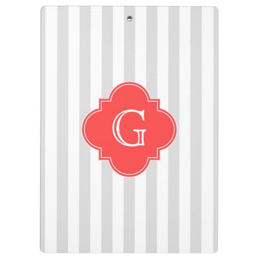 Grau-weiße Streifen Korallenrot-Monogramm-Etikett Klemmbrett (Rückseite)