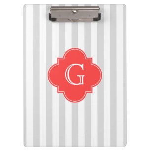 Grau-weiße Streifen Korallenrot-Monogramm-Etikett Klemmbrett