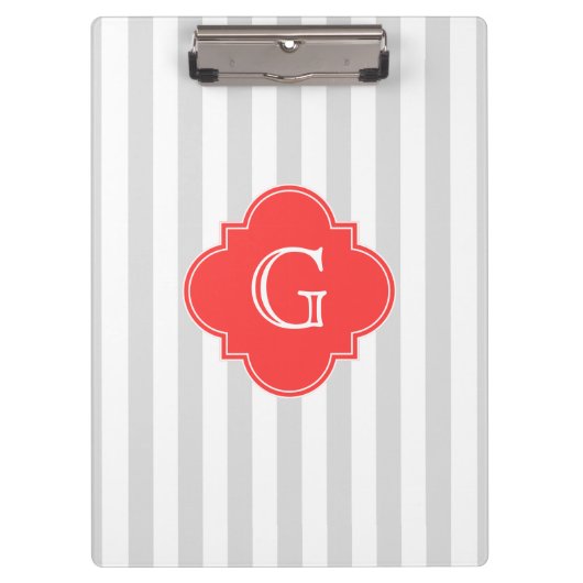 Grau-weiße Streifen Korallenrot-Monogramm-Etikett Klemmbrett (Vorderseite)
