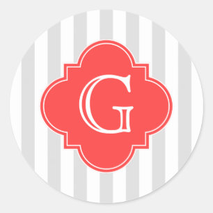 Grau-weiße Streifen Korallenrot-Monogramm-Etikett Runder Aufkleber