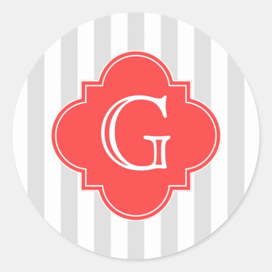 Grau-weiße Streifen Korallenrot-Monogramm-Etikett Runder Aufkleber (Vorderseite)