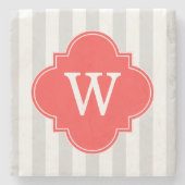 Grau-weiße Streifen Korallenrot-Monogramm-Etikett Steinuntersetzer (Vorderseite)