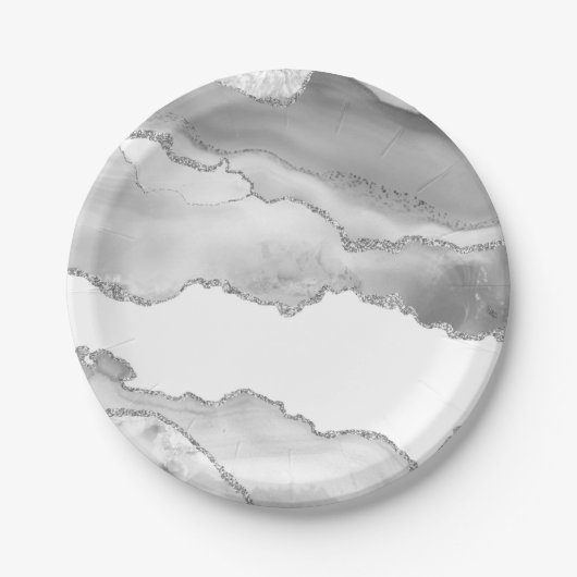 Grau-weißer Marmor Agate Simple Silver Sparkle Pappteller (Vorderseite)