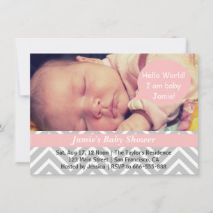 Grau-weißes Chevron-Mädchen-Baby-Party-Foto Einladung