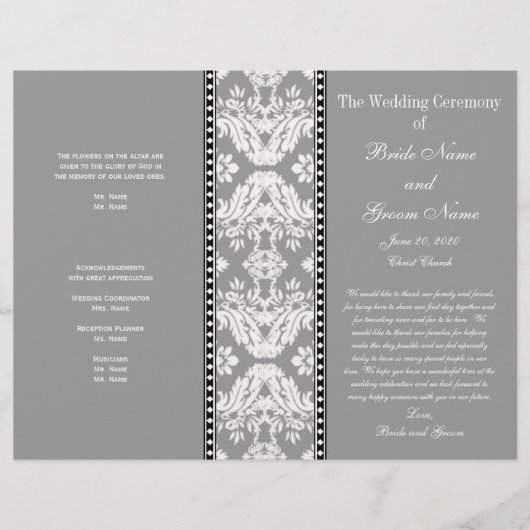 Grau-weißes Damast-Hochzeitsprogramm (Vorderseite)
