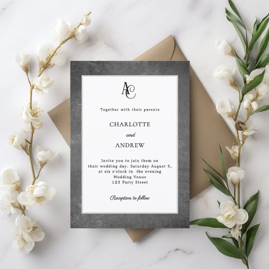 Grau-weißes modernes Monogramm rustikale Hochzeit Einladung