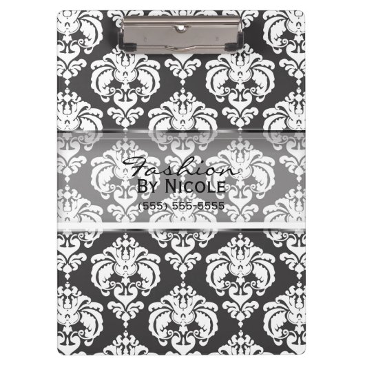 Grau & White Damask Chic Elegantes Glam Personalis Klemmbrett (Vorderseite)