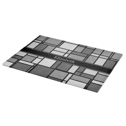 Grau-White-Mondrian-Style Black Ribbon Monogram Schneidebrett (Ecke)