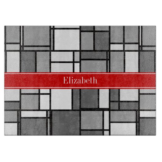Grau-White Mondrian Style Red Ribbon Monogram Schneidebrett (Vorderseite)