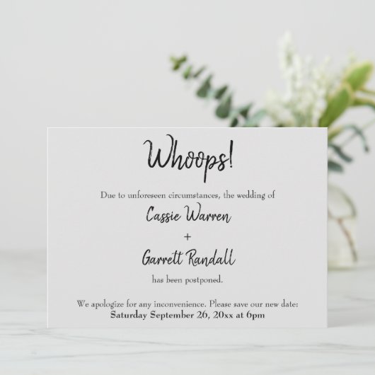 Grau "Whoops!" Verspätete Hochzeitskarte Einladung (Stehend Vorderseite)