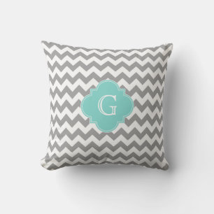 Grau Wht Chevron Aqua Vierpass Monogramm Kissen