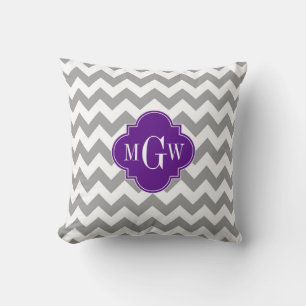 Grau Wht Chevron Lila Quatrefoil 3 Monogramm Kissen