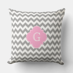 Grau Wht Chevron Pink Quatrefoil Monogramm Kissen
