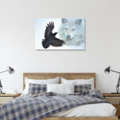Grau Wolf & Black Raven Wildlife Art Print Leinwanddruck (Insitu (Schlafzimmer))