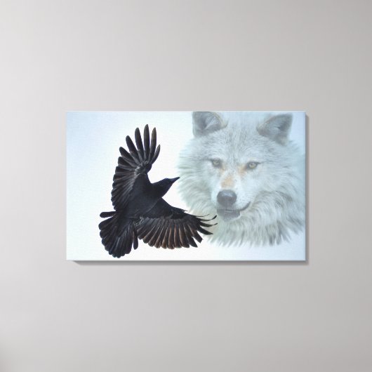 Grau Wolf & Black Raven Wildlife Art Print Leinwanddruck (Vorderseite)