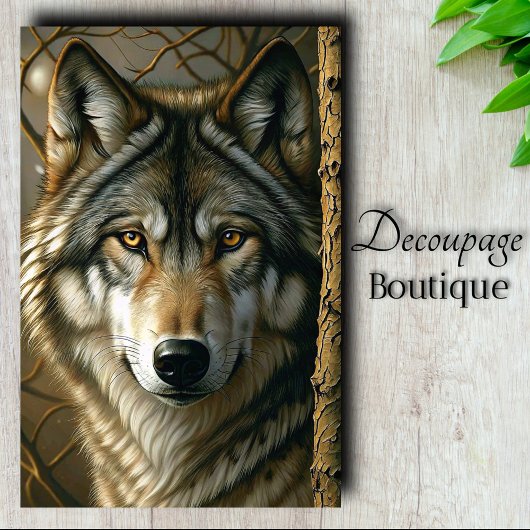 Grau-Wolf-Decoupage mit bernsteinfarbenen Augen Seidenpapier