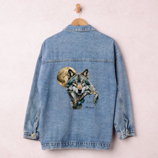 Grau Wolf & Gold Moon Aquamarin *Personalize* Jeansjacke (Hangar)