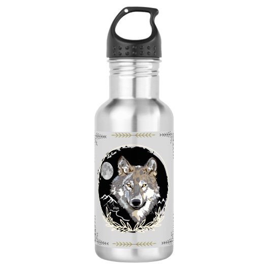 Grau Wolf Moon Mountains Night Sky Water Flasche Edelstahlflasche (Vorderseite)