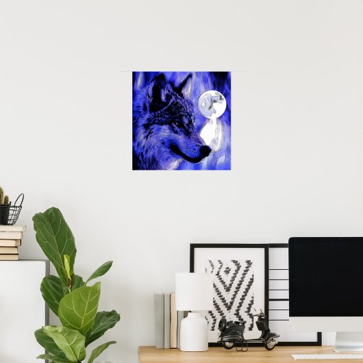 Grau Wolf & Moon Poster Print (Heimbüro)