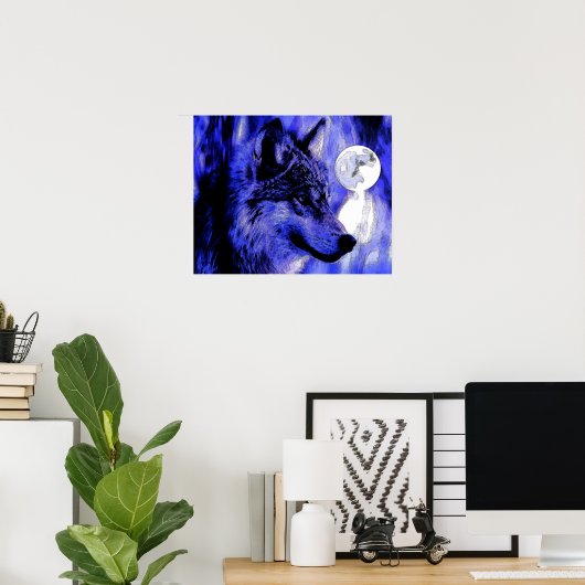 Grau Wolf & Moon Poster Print (Heimbüro)