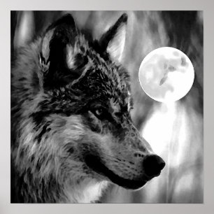 Grau Wolf & Moon Poster Print