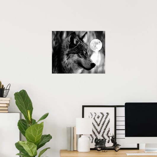Grau Wolf & Moon Poster Print (Heimbüro)