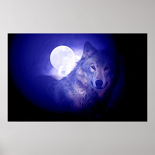 Grau Wolf & Moon Poster Print - Blaue Nachtwölfe (Vorne)