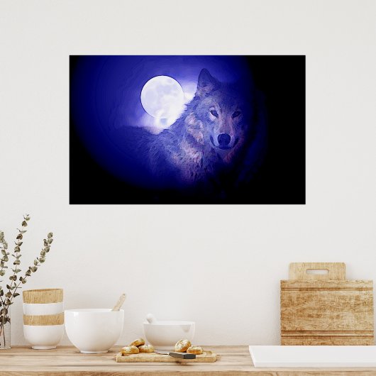 Grau Wolf & Moon Poster Print - Blaue Nachtwölfe (Küche)