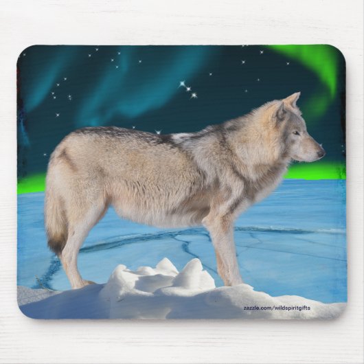 Grau Wolf & Northern Lights Fantasy Mousepad (Vorne)