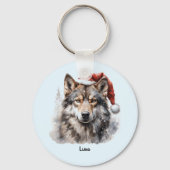 Grau Wolf Weihnachtsmannmütze Monogram Name Jahr W Schlüsselanhänger (Vorderseite)