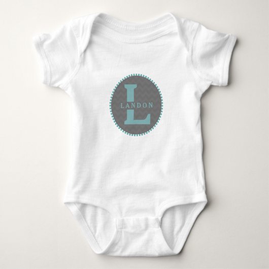 Grau Zickzack + Blue Monogram Romper Baby Strampler (Vorderseite)