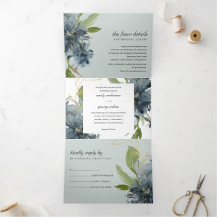 GRAUBBLAUE GREEN GOLD FLORAL WATERCOLOR WEDD DREIFACH GEFALTETE EINLADUNG