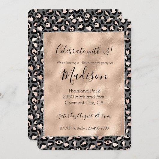 Graubeige Peach Rose Leopard Print Einladung (Vorne/Hinten)