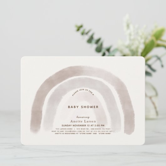 Graubeige Regenbogen Wasserfarbe Kinderdusche Einladung (Stehend Vorderseite)