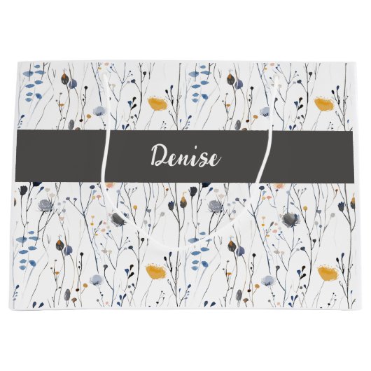 Graublau Wildblumen Wasserfarbe Monogramm Name Große Geschenktüte (Vorderseite)