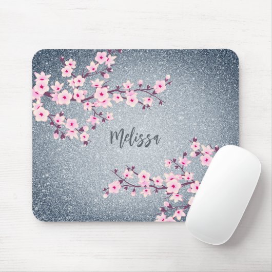 Graublauer Glitzer Cherry Blossom Monogramm Mousepad (Mit Mouse)