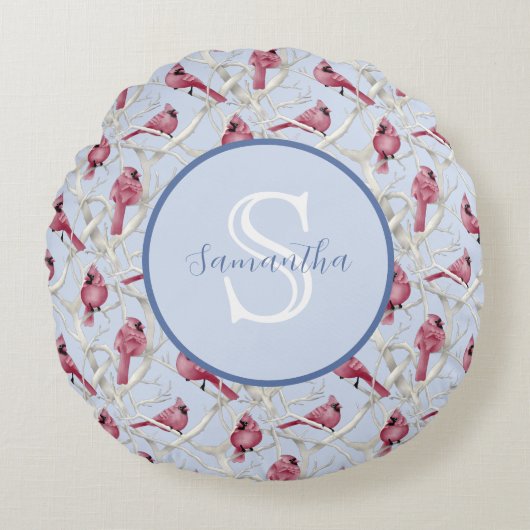 Graublauer Kardinal Birds Personalisiert Monogram Rundes Kissen (Vorderseite)