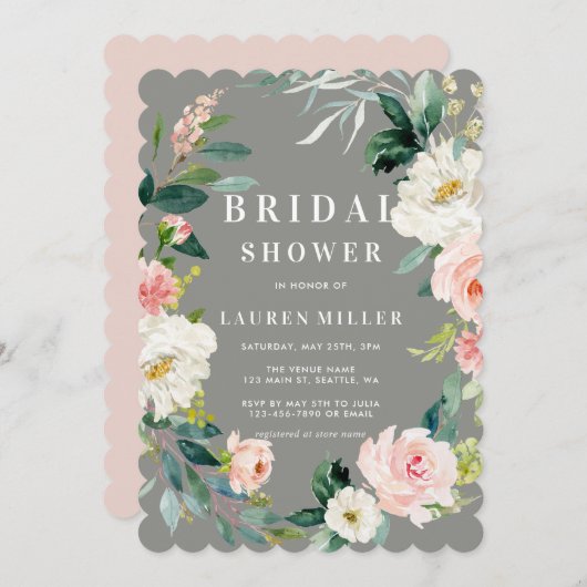 Graublütendusche Blumenstrauß Bridal Einladung (Vorne/Hinten)