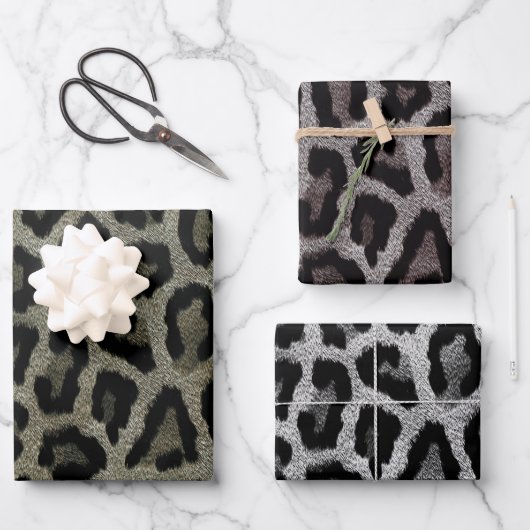 Graubraun-grüner Leopard-Tierdruck Geschenkpapier Set (Vorderseite)