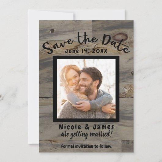 Graubraun-Holz, rustikal Save the Date Einladung (Vorderseite)