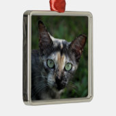 Graubraun-weiße Katze mit grünen Augen Ornament Aus Metall (Rechts)